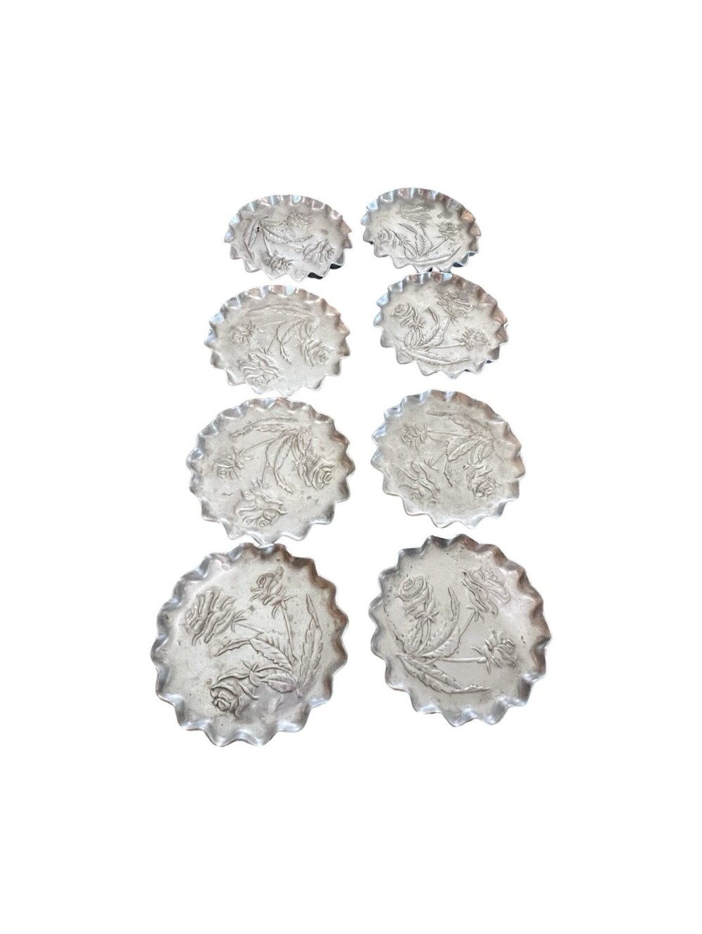 Vintage Set Rose & Leaf Pattern Pressed Aluminum 8 Coasters Silver Look Decor